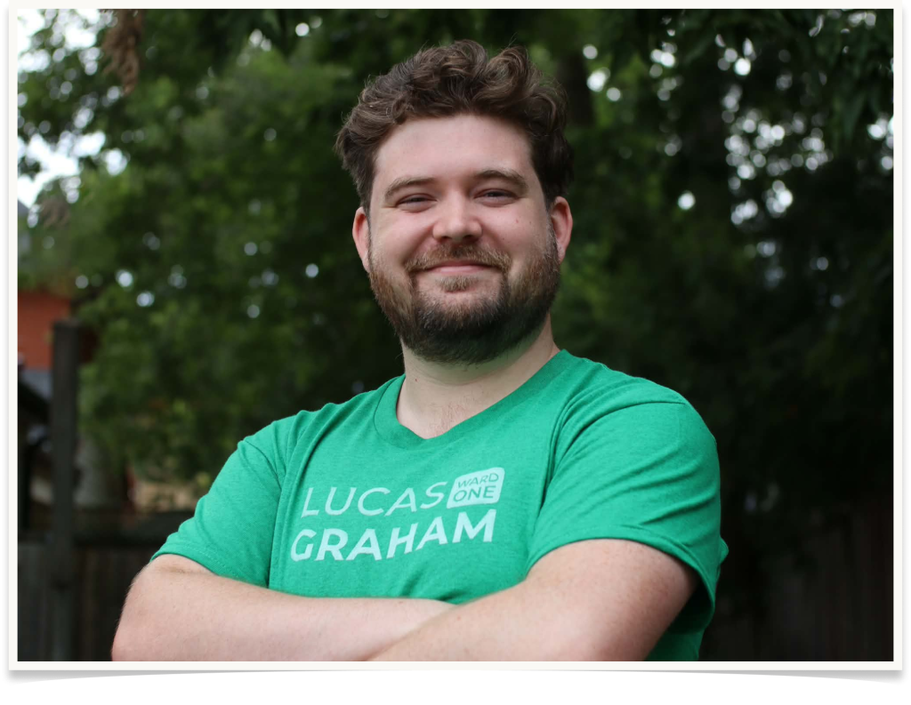 Lucas wearing a campaign T-Shirt